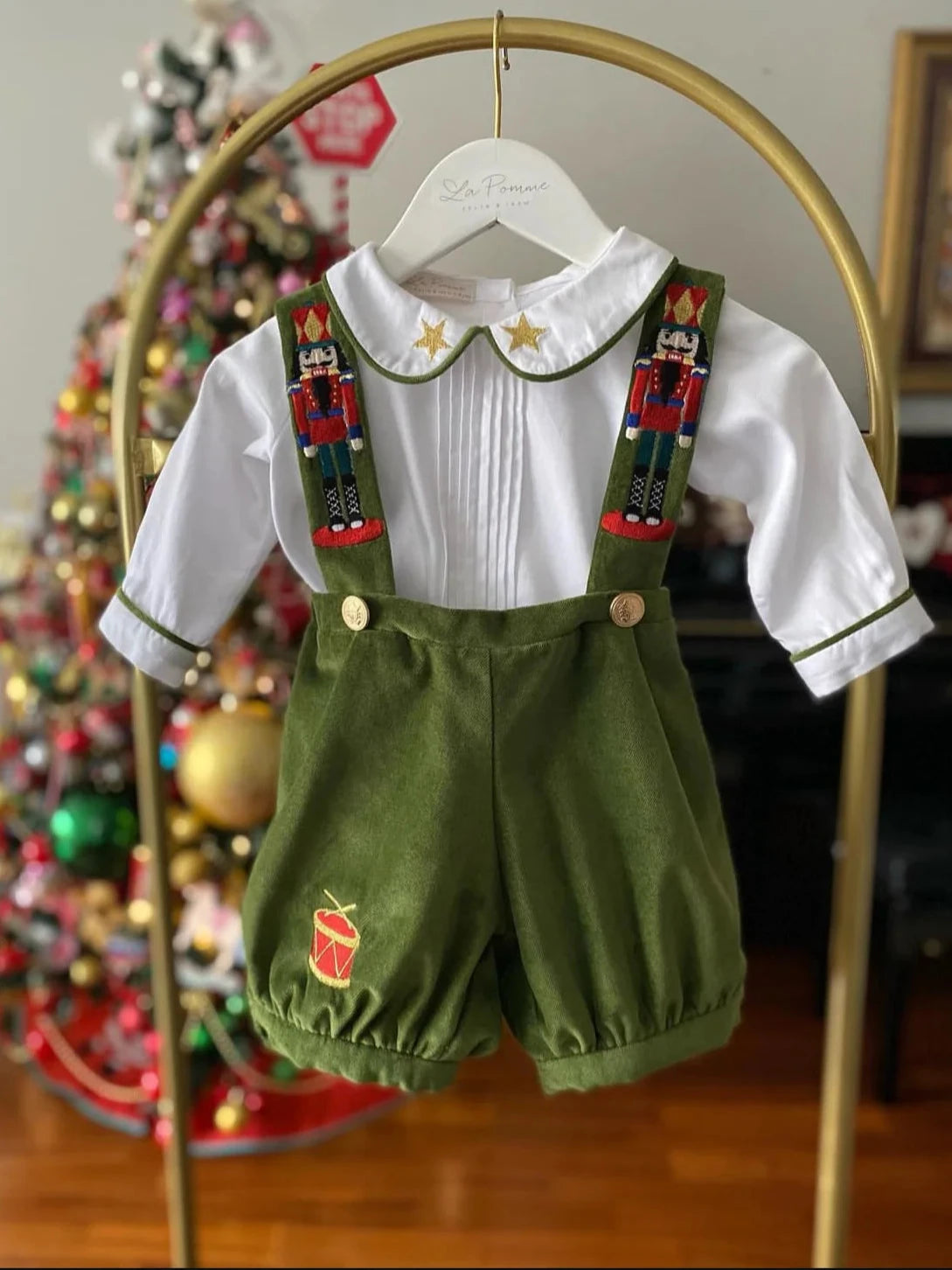 Baby Boy Christmas Outfit Vintage Spanish Style Olive Green Velvet Nutcracker Embroidery 2 Pieces Set Romper Shirt 6 Months 6 Years