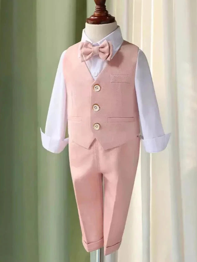 Baby Boy Wedding Outfit | Pink | 5-Pieces Set: Blazer Coat, Waistcoat, Shirt, Bow Tie & Trousers (12 months - 12 Years)