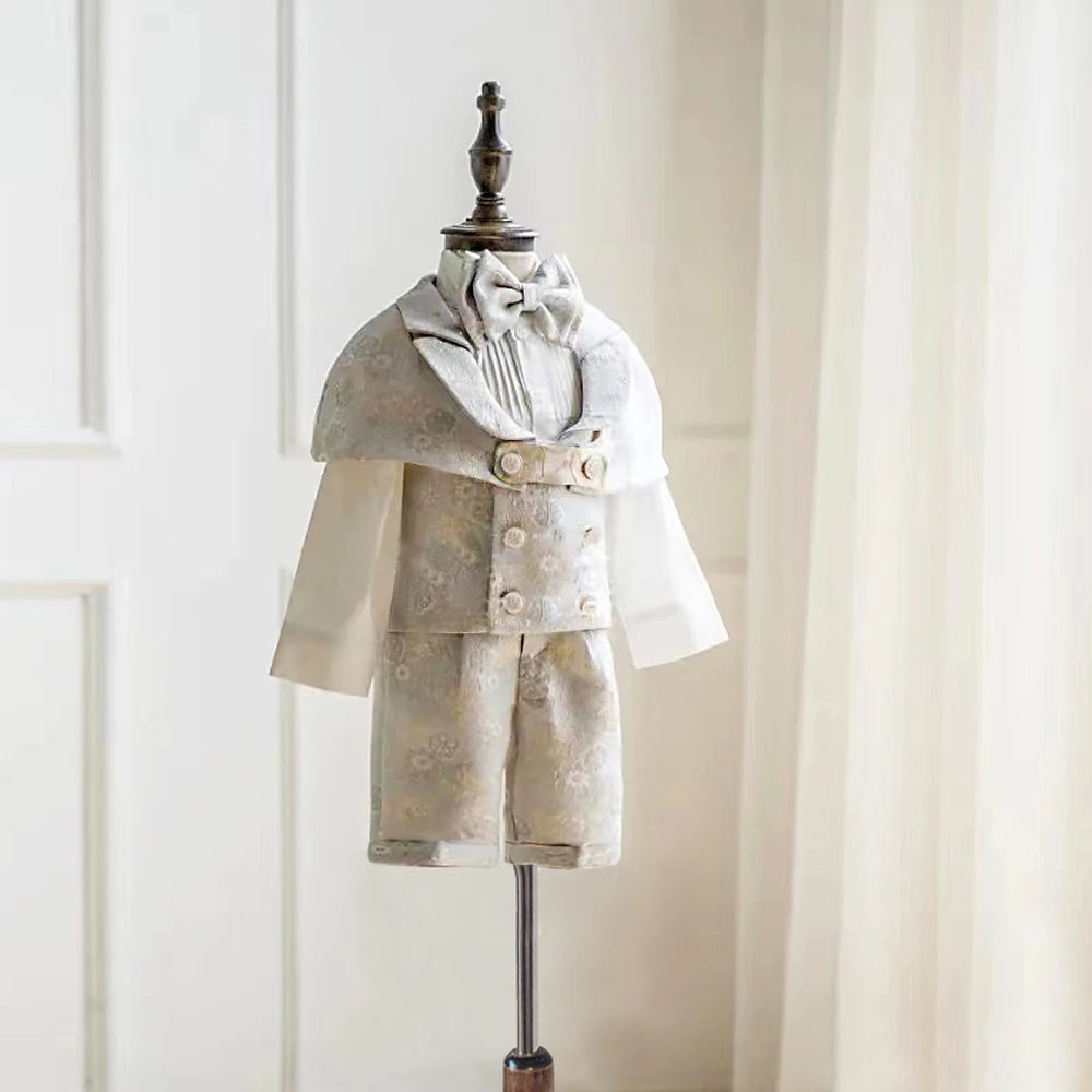 Baby Boy Formal Outfit | Vintage Style-Inspired Brocade Set Cape Collar, Shirt, Bow Tie & Shorts (9 Months - 4 Years)