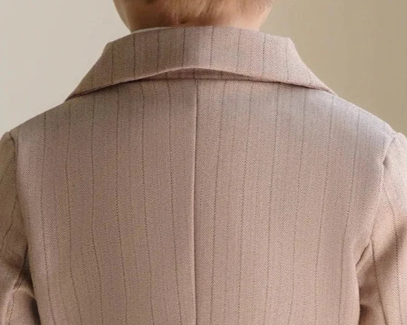Baby Boy Wedding Outfit | Beige Taupe Striped| 5-Pieces Set: Blazer Coat, Waistcoat, Shirt, Bow Tie & Trousers (12 months - 12 Years)