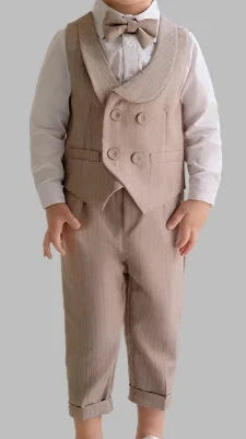 Baby Boy Wedding Outfit | Beige Taupe Striped| 4-Pieces Set: Waistcoat, Shirt, Bow Tie & Trousers (12 months - 12 Years)