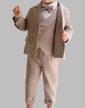 Baby Boy Wedding Outfit | Beige Taupe Striped| 5-Pieces Set: Blazer Coat, Waistcoat, Shirt, Bow Tie & Trousers (12 months - 12 Years)