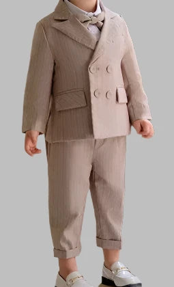 Baby Boy Wedding Outfit | Beige Taupe Striped| 5-Pieces Set: Blazer Coat, Waistcoat, Shirt, Bow Tie & Trousers (12 months - 12 Years)
