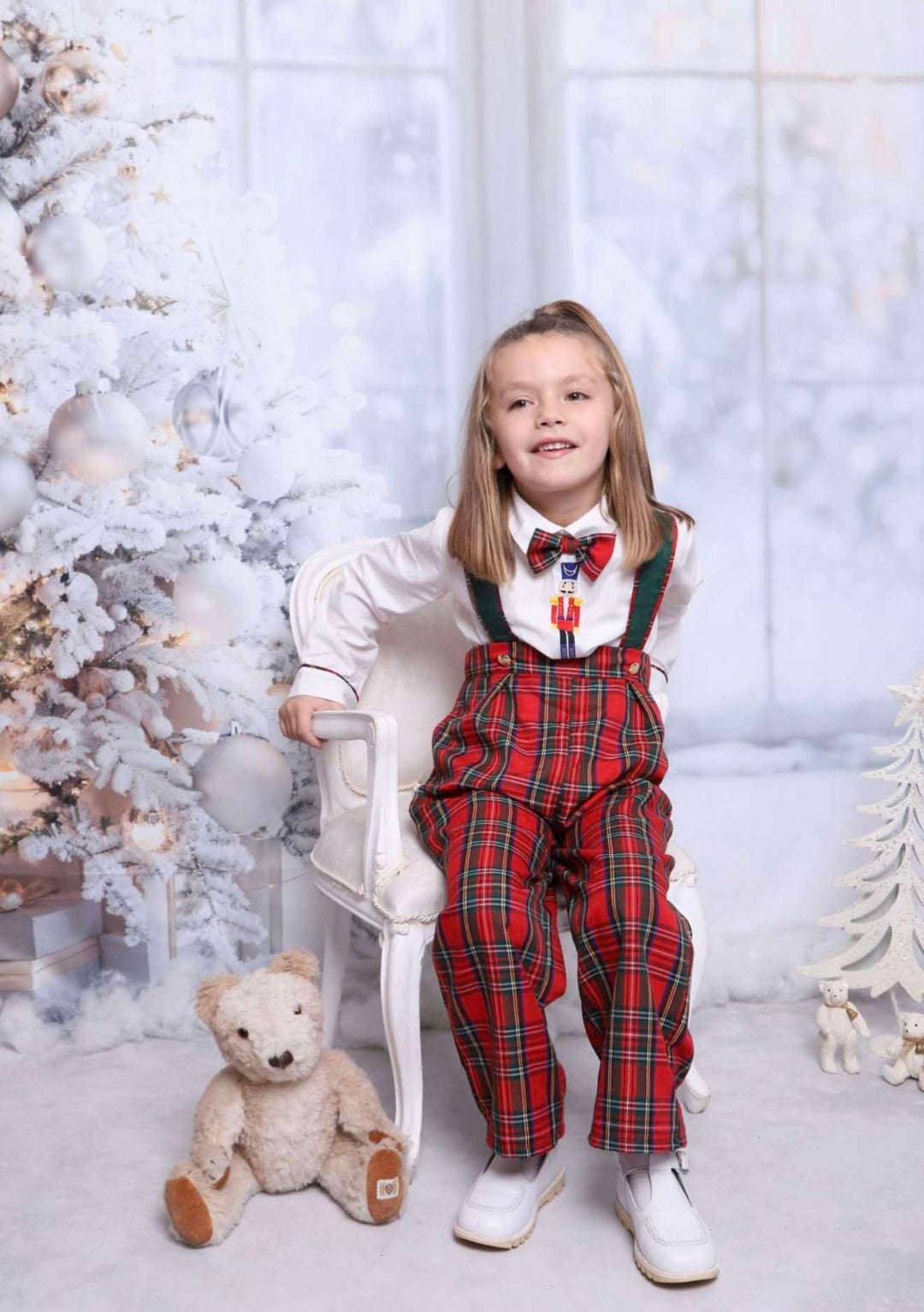 Baby Boy Christmas Outfit | Vintage Spanish Style | 3-Pieces Set: Red Green Tartan Trousers with Braces, White Nut Cracker Embroidery Shirt & Bow Tie (6 Months - 6 Years)