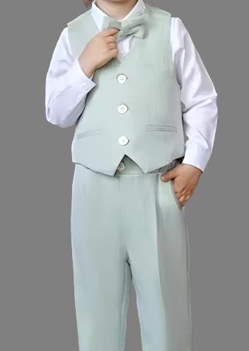Baby Boy Wedding Outfit | Sage Green | 5-Pieces Set: Blazer Coat, Waistcoat, Shirt, Bow Tie & Trousers (12 months - 12 Years)