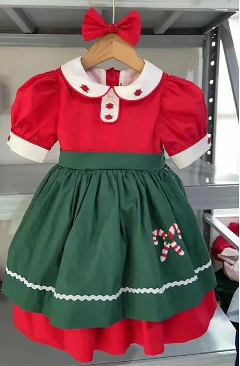 Baby Girl Christmas Dress | Vintage Spanish Style | Green and Red | Candy Cane Embroidery (12 Months to 12 Years Old