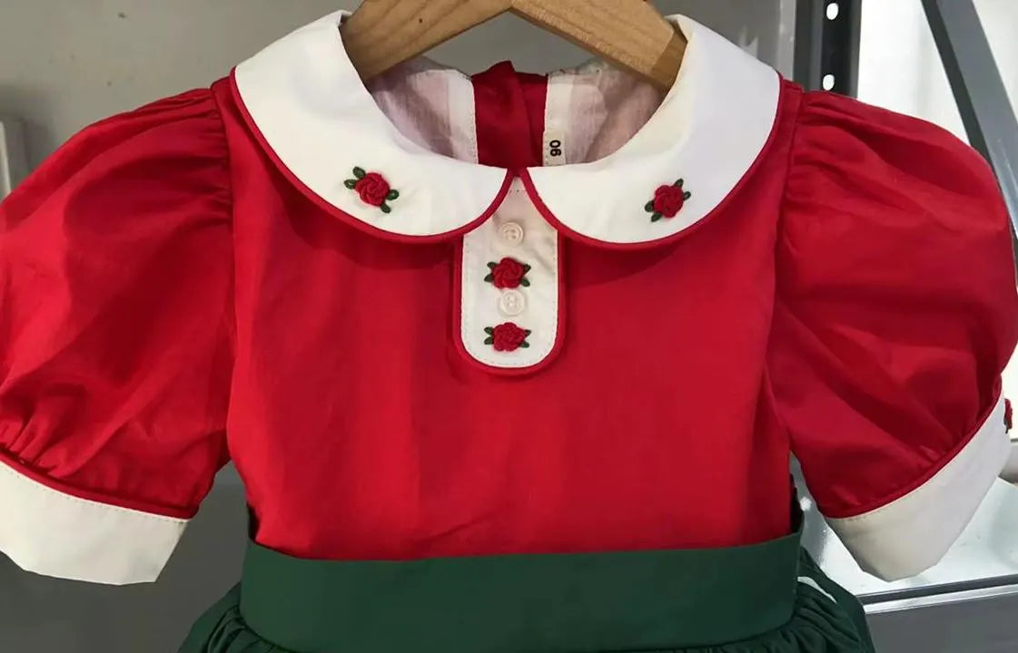 Baby Girl Christmas Dress | Vintage Spanish Style | Green and Red | Candy Cane Embroidery (12 Months to 12 Years Old