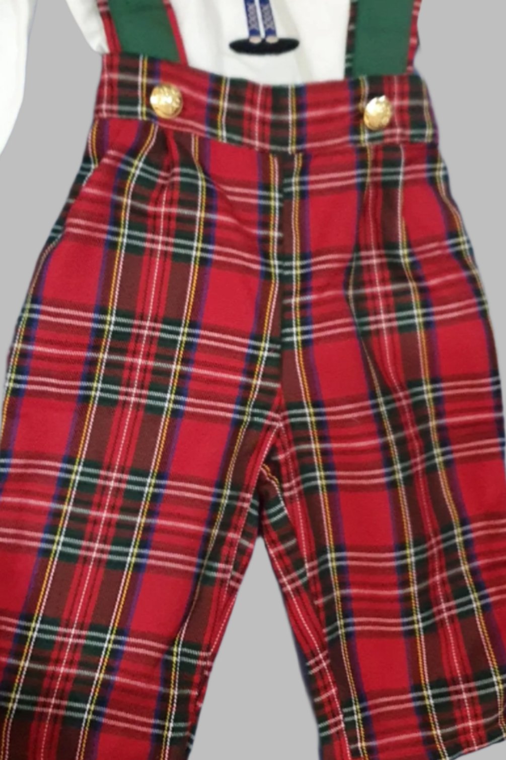 Baby Boy Christmas Outfit | Vintage Spanish Style | 3-Pieces Set: Red Green Tartan Trousers with Braces, White Nut Cracker Embroidery Shirt & Bow Tie (6 Months - 6 Years)