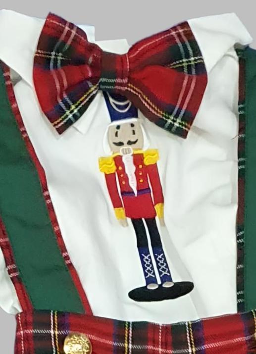 Baby Boy Christmas Outfit | Vintage Spanish Style | 3-Pieces Set: Red Green Tartan Trousers with Braces, White Nut Cracker Embroidery Shirt & Bow Tie (6 Months - 6 Years)