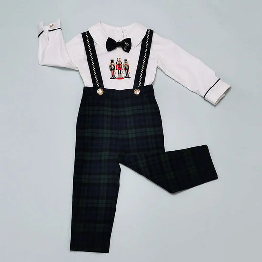 Toddler Boy Christmas Outfit | Vintage Spanish Style | 3-Pieces Set: Green Tartan Trousers with Suspenders, White Nut Cracker Embroidery Shirt & Bow Tie (24 Months - 4 Years)