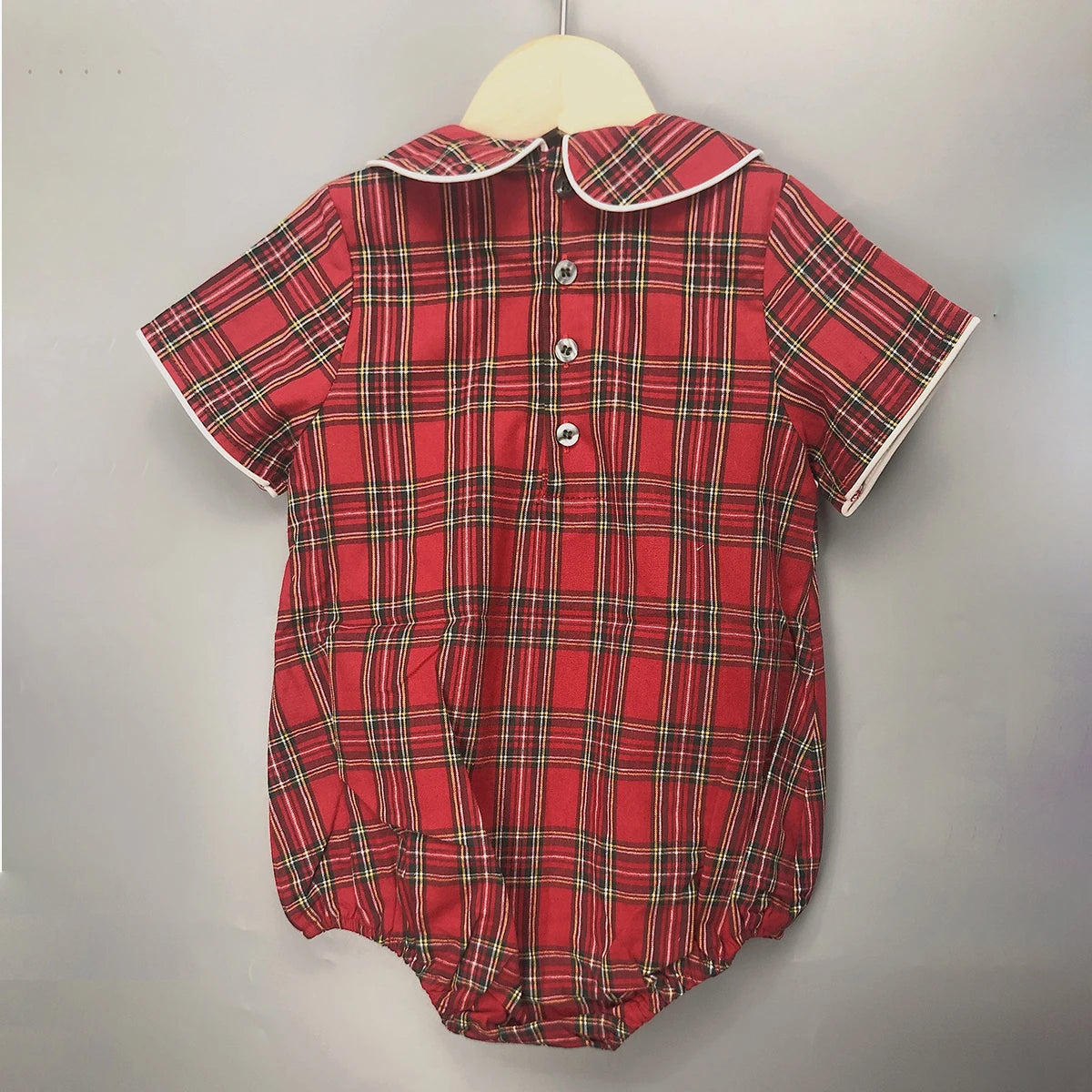 Baby Boy Christmas Bubble Romper |  Vintage Spanish Style | Red Tartan Embroidered (9 Months - 24 Months)