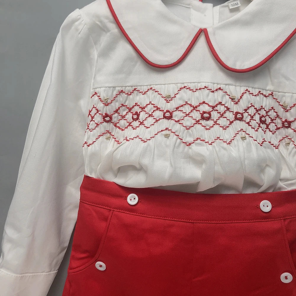 Baby Boy Christmas Outfit |  Vintage Spanish Style | 2-Pieces Set: Red Shorts & Smocked Embroidered White and Red Shirt (9 Months -  4 Years)