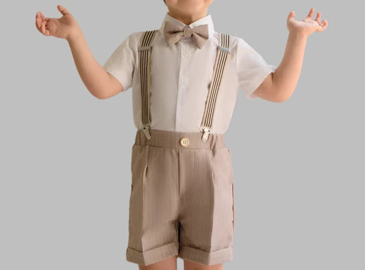 Baby Boy Wedding Outfit | Beige Taupe Striped| 4-Pieces Set: Shirt, Bow Tie, Shorts & Suspenders (12 months - 12 Years)