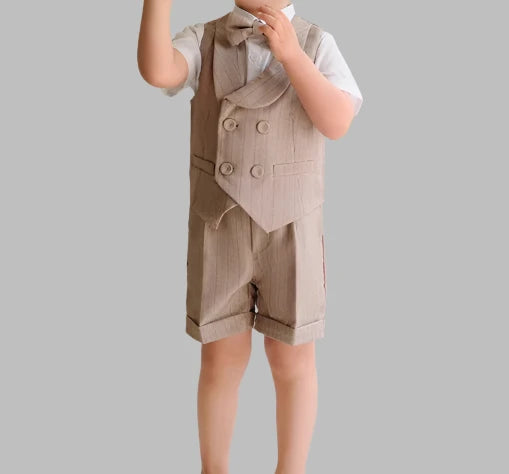 Baby Boy Wedding Outfit | Beige Taupe Striped| 4-Pieces Set: Waistcoat, Shirt, Bow Tie & Shorts (12 months - 12 Years)