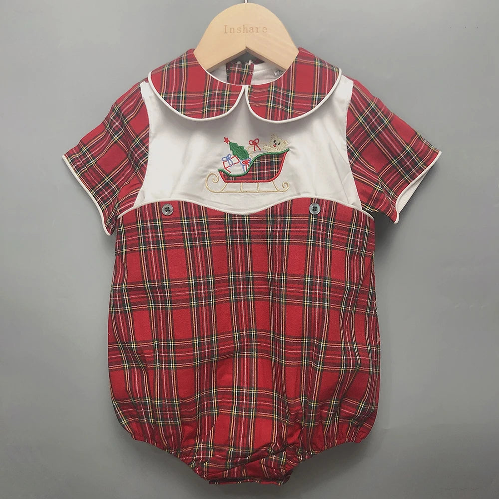 Baby Boy Christmas Bubble Romper |  Vintage Spanish Style | Red Tartan Embroidered (9 Months - 24 Months)