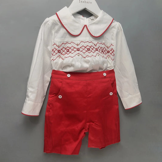 Baby Boy Christmas Outfit |  Vintage Spanish Style | 2-Pieces Set: Red Shorts & Smocked Embroidered White and Red Shirt (9 Months -  4 Years)