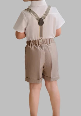 Baby Boy Wedding Outfit | Beige Taupe Striped| 4-Pieces Set: Shirt, Bow Tie, Shorts & Suspenders (12 months - 12 Years)