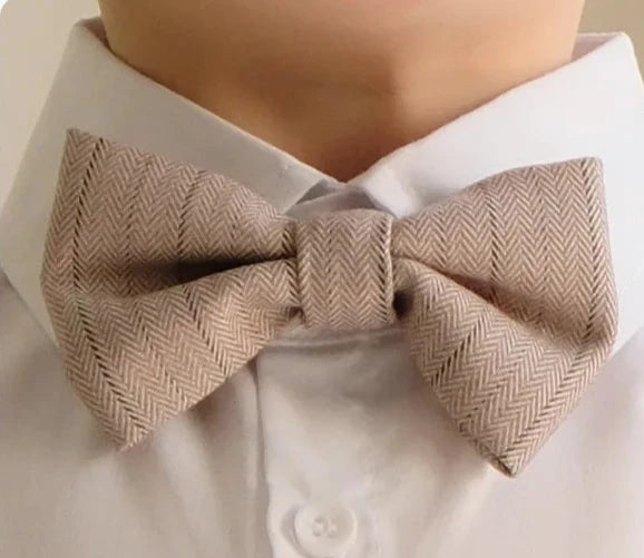 Baby Boy Wedding Outfit | Beige Taupe Striped| 4-Pieces Set: Shirt, Bow Tie, Trousers & Suspenders (12 months - 12 Years)