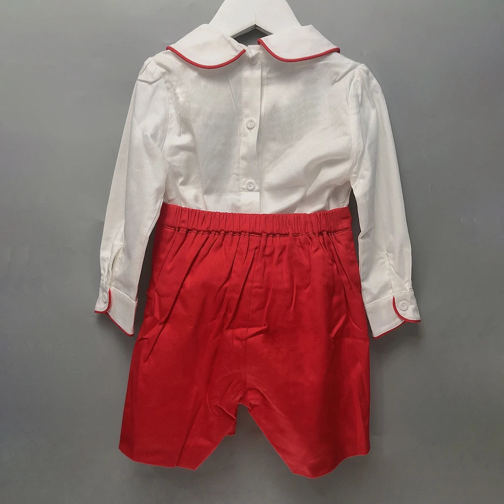 Baby Boy Christmas Outfit |  Vintage Spanish Style | 2-Pieces Set: Red Shorts & Smocked Embroidered White and Red Shirt (9 Months -  4 Years)