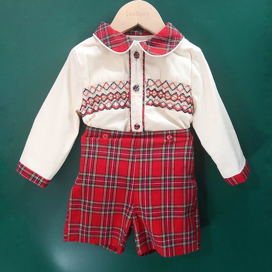 Toddler Boy Christmas Outfit |  Vintage Spanish Style | 2-Pieces Set: Red Tartan Shorts & Smocked White Shirt (24 Months -  5 Years)