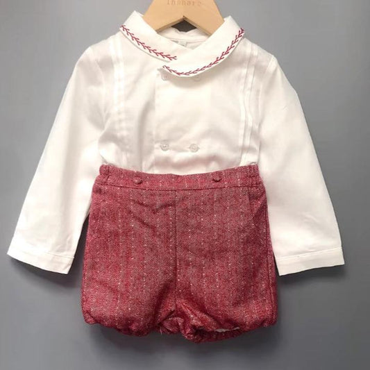 Baby Boy Christmas Outfit |  Vintage Spanish Style | 2-Pieces Set: Red Wool Shorts & Smocked Embroidered White and Red Shirt (6 to 24 Months)