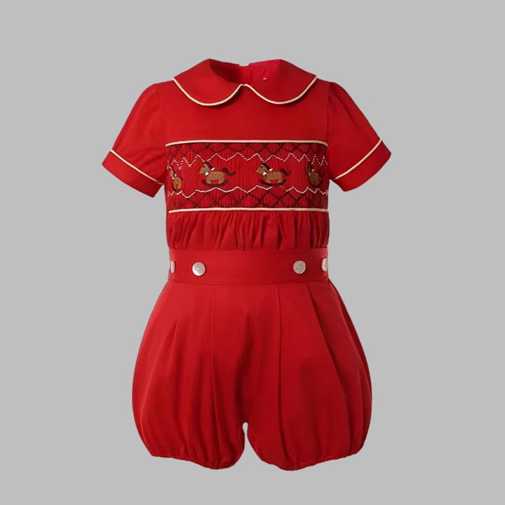 Baby Boy Christmas Outfit |  Vintage Spanish Style | 2-Pieces Set: Red Shorts & Smocked Embroidered Rocking Horses Red Shirt (9 to 18 Months)