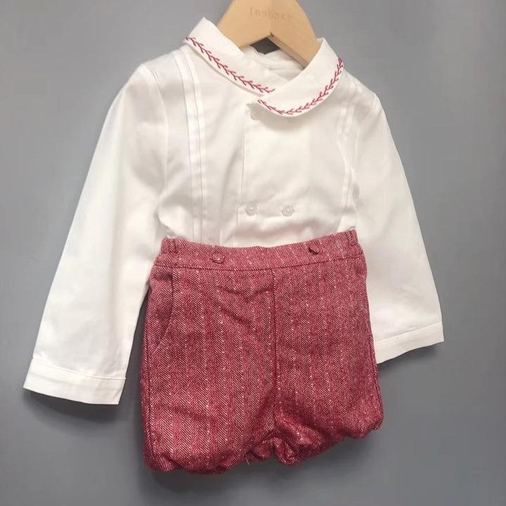 Baby Boy Christmas Outfit |  Vintage Spanish Style | 2-Pieces Set: Red Wool Shorts & Smocked Embroidered White and Red Shirt (6 to 24 Months)