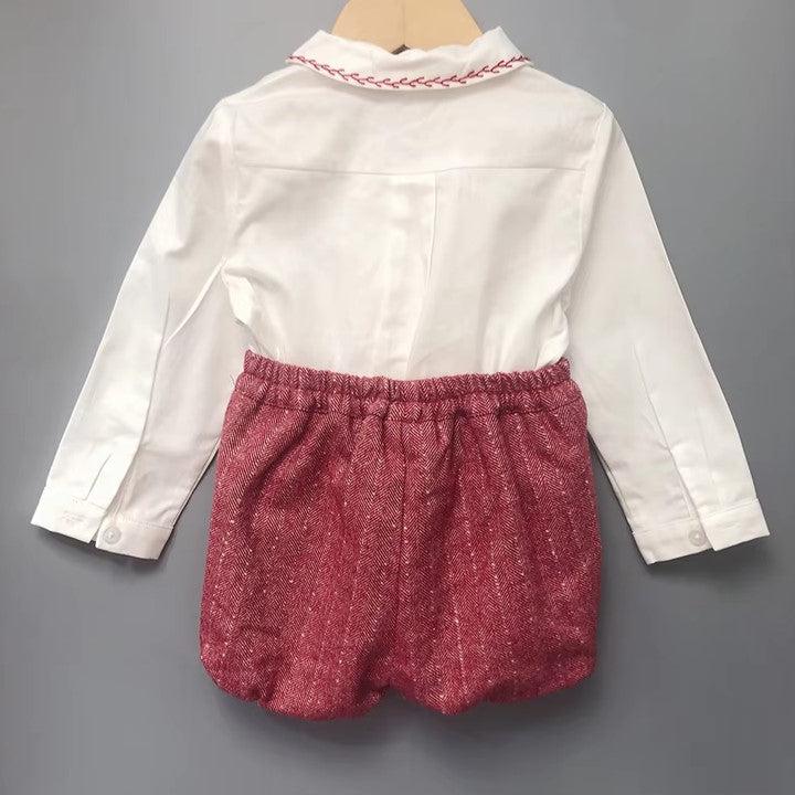 Baby Boy Christmas Outfit |  Vintage Spanish Style | 2-Pieces Set: Red Wool Shorts & Smocked Embroidered White and Red Shirt (6 to 24 Months)