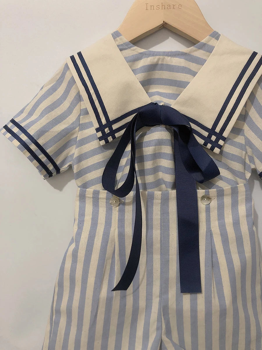 Baby Boy Sailor Outfit | Vintage Spanish Style | Blue Striped Cotton Linen | Shirt & Shorts (12 Months - 6 Years)