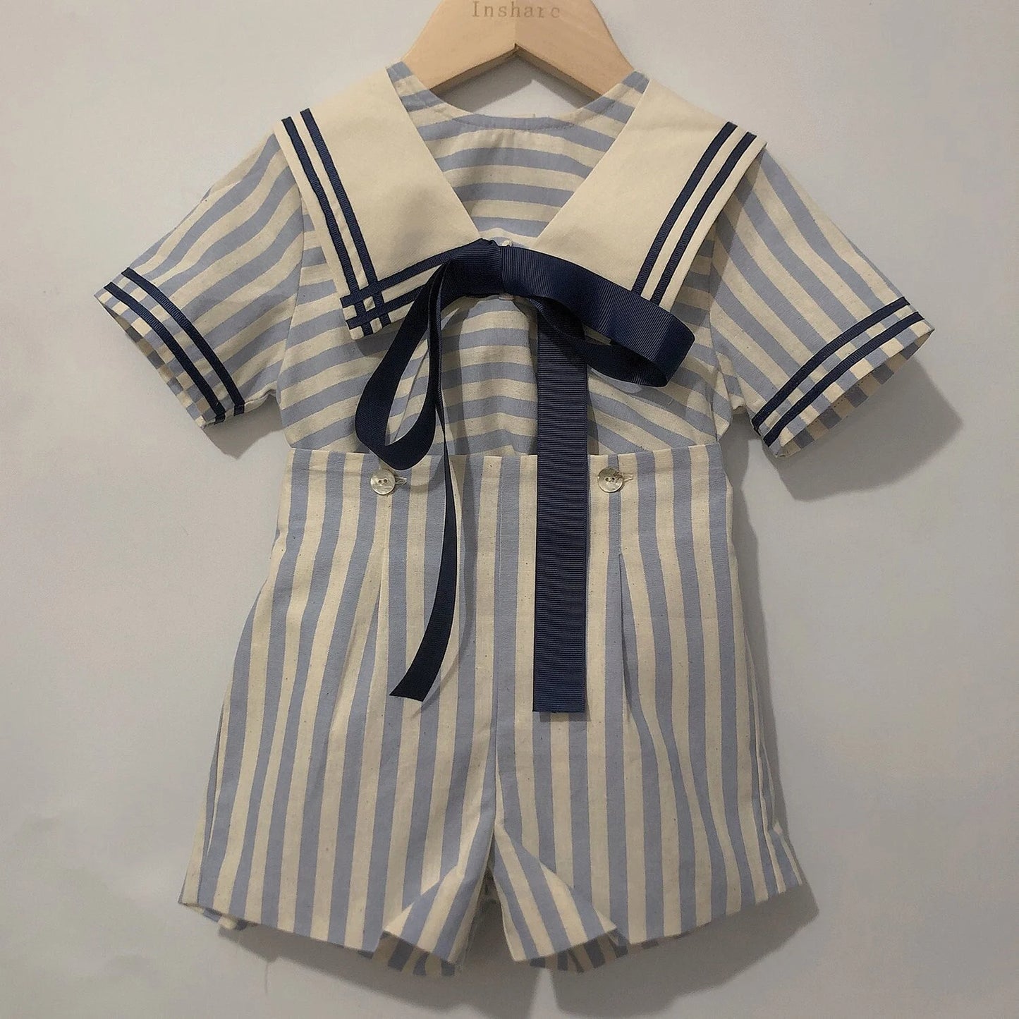 Baby Boy Sailor Outfit | Vintage Spanish Style | Blue Striped Cotton Linen | Shirt & Shorts (12 Months - 6 Years)