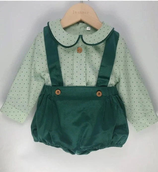 Baby Boy Christmas Outfit | Vintage Spanish Style | Emerald Green | 2 Pieces-Set: Shorts with Suspenders & Shirt (12 Months - 5 Years)