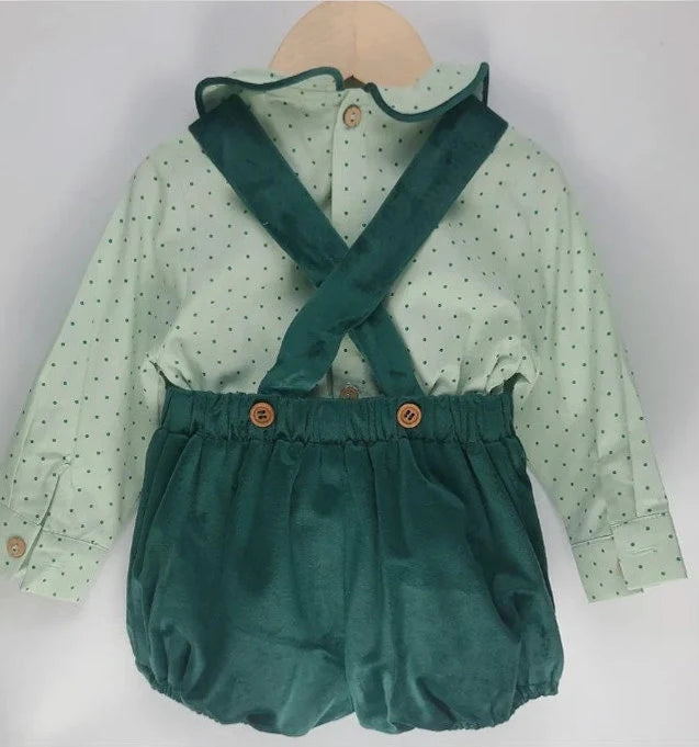 Baby Boy Christmas Outfit | Vintage Spanish Style | Emerald Green | 2 Pieces-Set: Shorts with Suspenders & Shirt (12 Months - 5 Years)