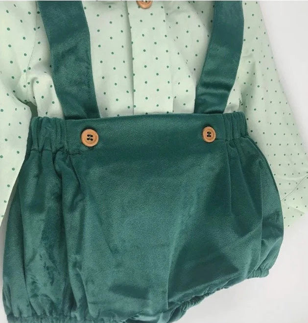 Baby Boy Christmas Outfit | Vintage Spanish Style | Emerald Green | 2 Pieces-Set: Shorts with Suspenders & Shirt (12 Months - 5 Years)