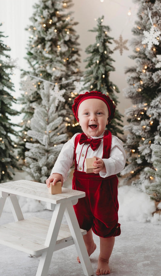 Baby Boy Christmas Outfit | Vintage Spanish Style | Red Velvet Dungarees, Blouse & Beret Hat (9 Months - 3 Years)