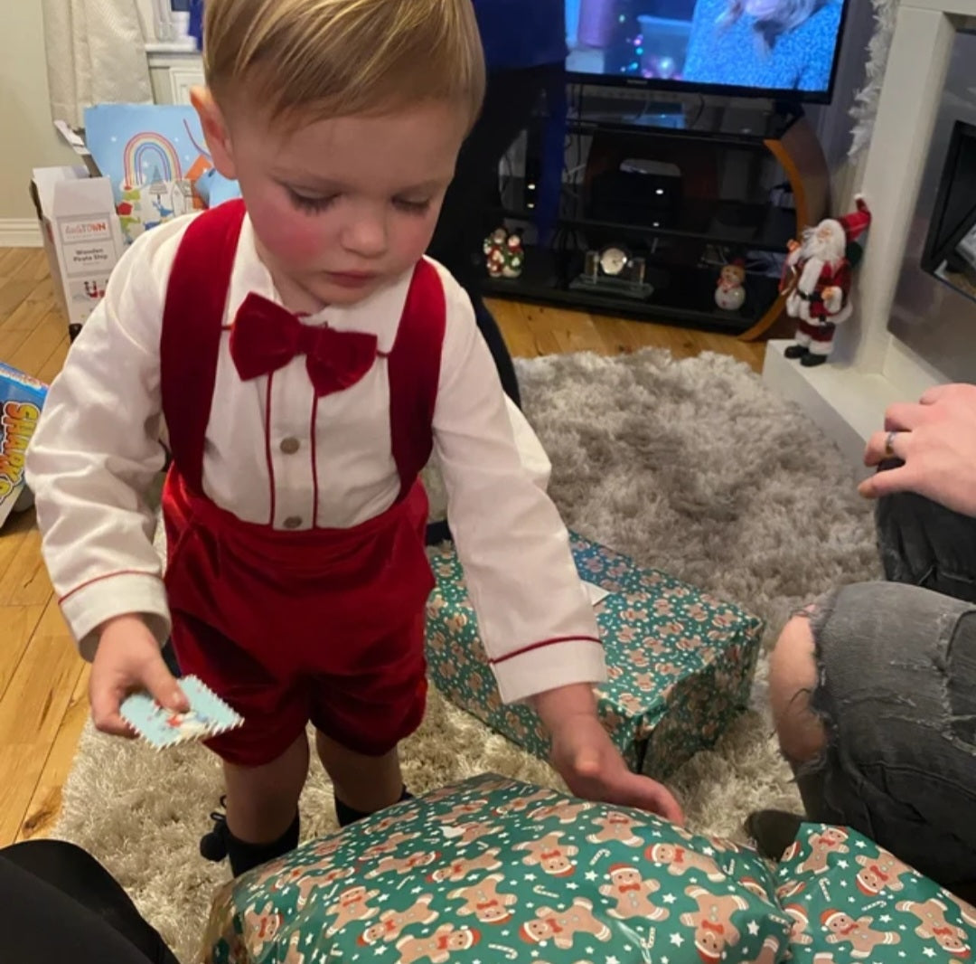 Baby Boy Christmas Outfit | Vintage Spanish Style | Red Velvet Dungarees & Blouse (9 Months - 3 Years)