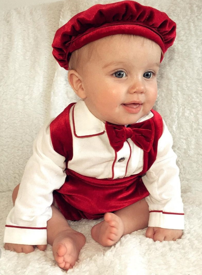 Baby Boy Christmas Outfit | Vintage Spanish Style | Red Velvet Dungarees, Blouse & Beret Hat (9 Months - 3 Years)