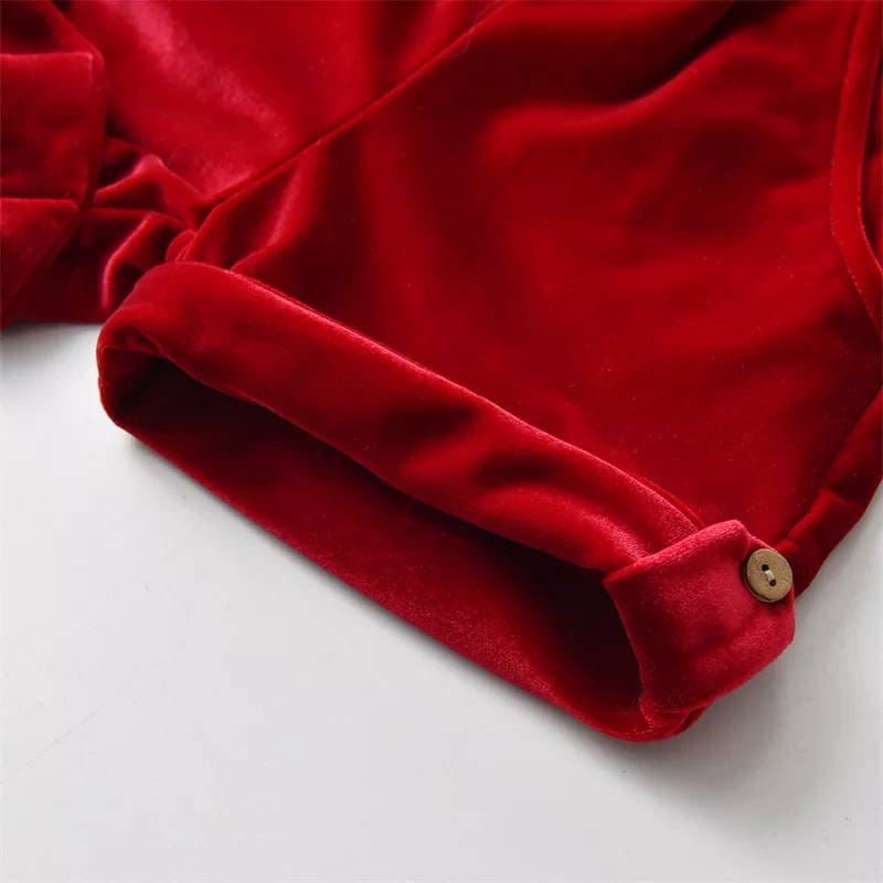 Baby Boy Christmas Outfit | Vintage Spanish Style | Red Velvet Dungarees, Blouse & Beret Hat (9 Months - 3 Years)
