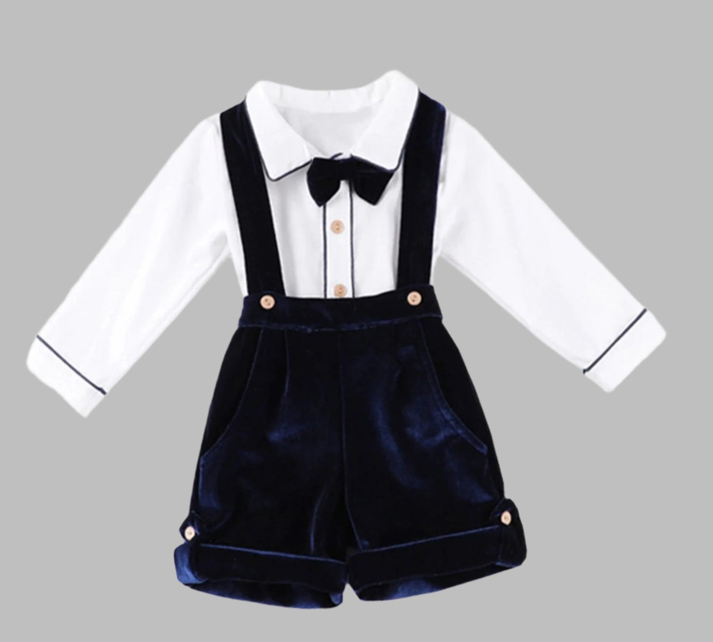 Baby Boy Christmas Outfit | Vintage Spanish Style | Navy Blue Velvet Dungarees, Blouse & Beret Hat (9 Months - 3 Years)