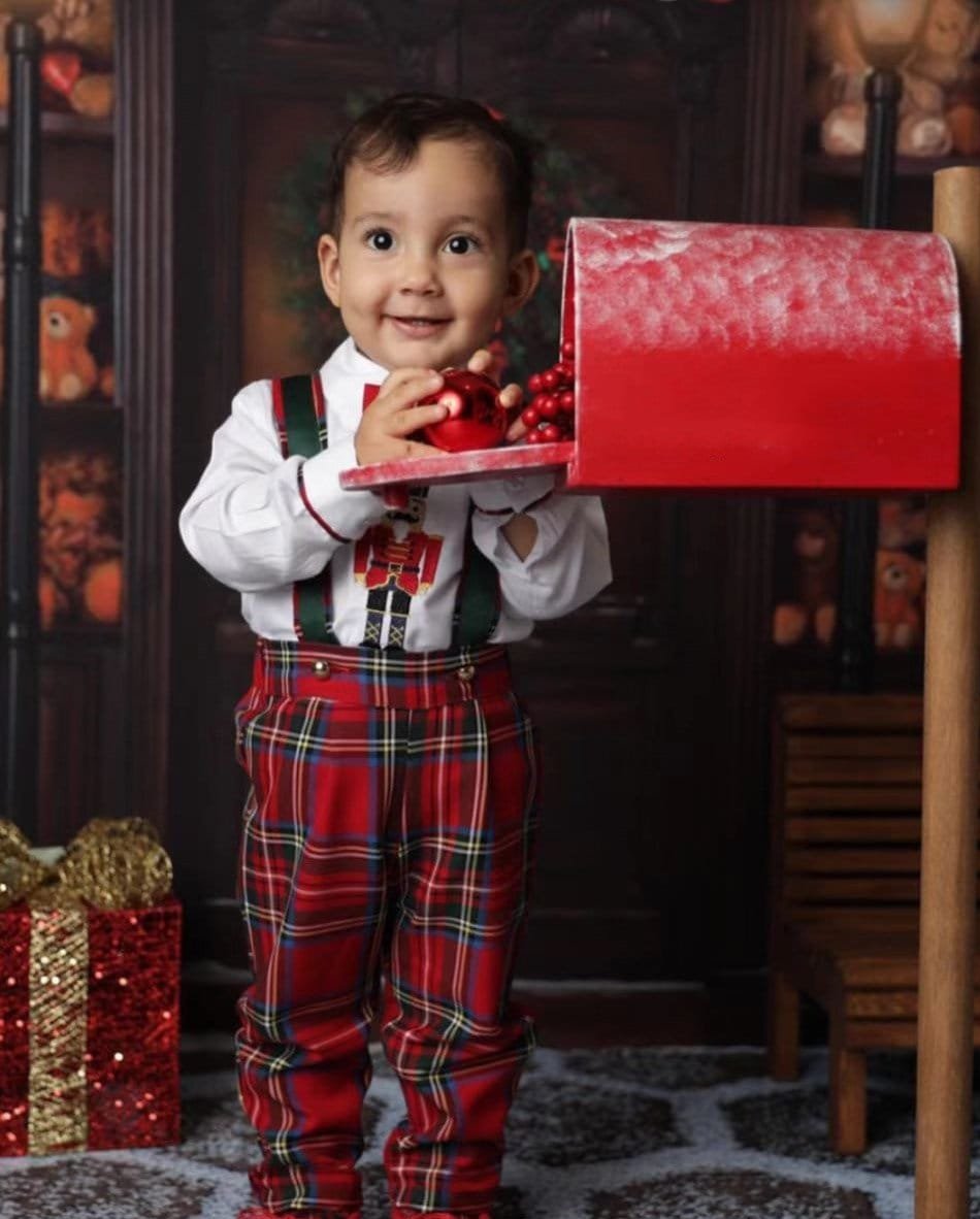 Baby Boy Christmas Outfit Vintage Spanish Style 3 Pieces Set Red Green Tartan Trousers with Braces White Nut Cracker Embroidery Shirt Bow Tie