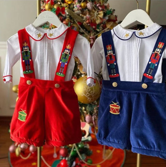 Baby Boy Christmas Outfit | Vintage Spanish Style | Red or Royal Blue | Velvet Nutcracker Embroidery | 2 Pieces-Set: Romper & Shirt (6 Months - 6 Years)