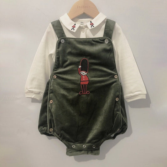 Baby Boy Christmas Outfit | Vintage Spanish Style | Dark Green Black | Velvet Soldier Embroidery | 2 Pieces Set: Romper & Shirt (6 Months - 3 Years)