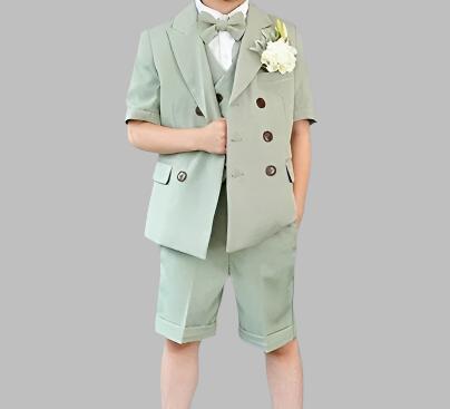 Boys Summer Wedding Outfit | Sage Green | 5-Pieces Set: Shirt, Bow Tie, Shorts, Waistcoat, Jacket (3 - 15 Years)