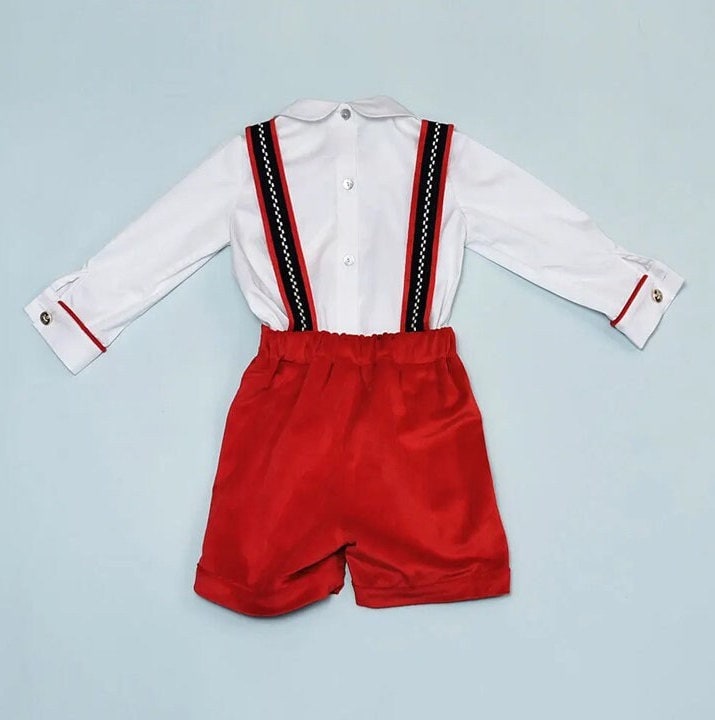 Baby Boy Birthday Outfit | Red Velvet | 4-Piece Smocked Set with Embroidered Cartoon: Shirt, Blue Suspenders, Shorts & Bow Tie (12 Months - 4 Years)