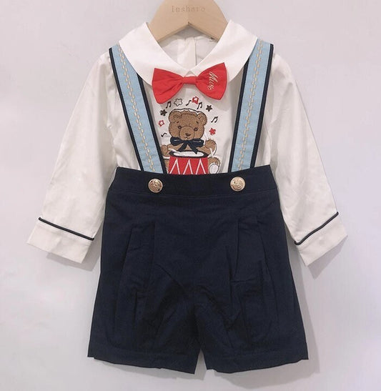 Baby Boy Birthday Outfit | Dark Blue | 4-Piece Smocked Set with Embroidered Cartoon Bear: Shirt, Shorts, Suspenders & Bow Tie (12 Months - 4 Years)