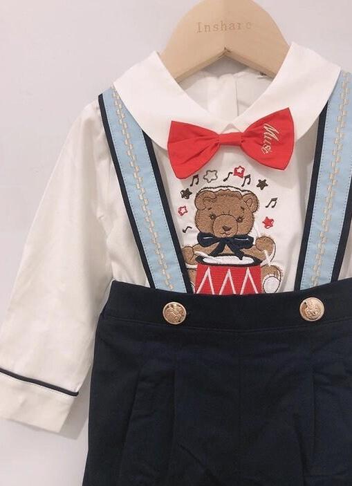 Baby Boy Birthday Outfit | Dark Blue | 4-Piece Smocked Set with Embroidered Cartoon Bear: Shirt, Shorts, Suspenders & Bow Tie (12 Months - 4 Years)