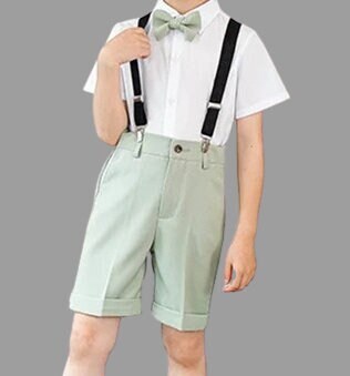 Boys Wedding Summer Outfit | Sage Green | 4-Pieces Set: Shirt, Bow Tie, Shorts, Braces (3 - 15 Years)