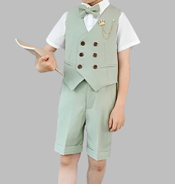 Boys Summer Wedding Outfit | Sage Green | 4-Pieces Set: Shirt, Bow Tie, Shorts & Waistcoat (3-15 Years)