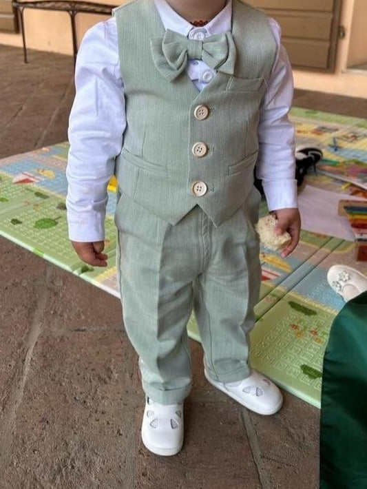 Baby Boy Wedding Outfit | Sage Green | 4-Pieces Set: Shirt, Trousers, Vest, and Bow Tie (12 months - 12 Years)