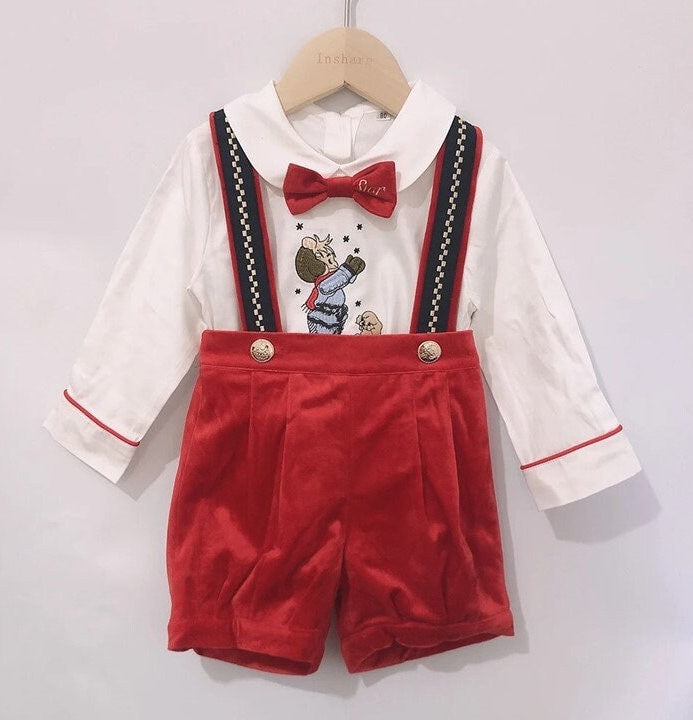 Baby Boy Birthday Outfit | Red Velvet | 4-Piece Smocked Set with Embroidered Cartoon: Shirt, Blue Suspenders, Shorts & Bow Tie (12 Months - 4 Years)