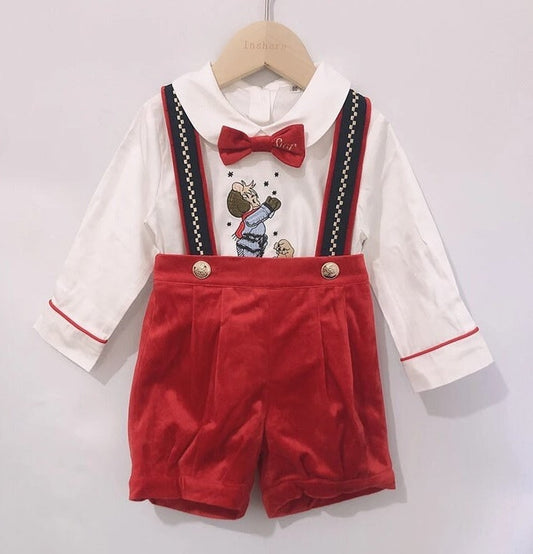 Baby Boy Birthday Outfit | Red Velvet | 4-Piece Smocked Set with Embroidered Cartoon: Shirt, Blue Suspenders, Shorts & Bow Tie (12 Months - 4 Years)